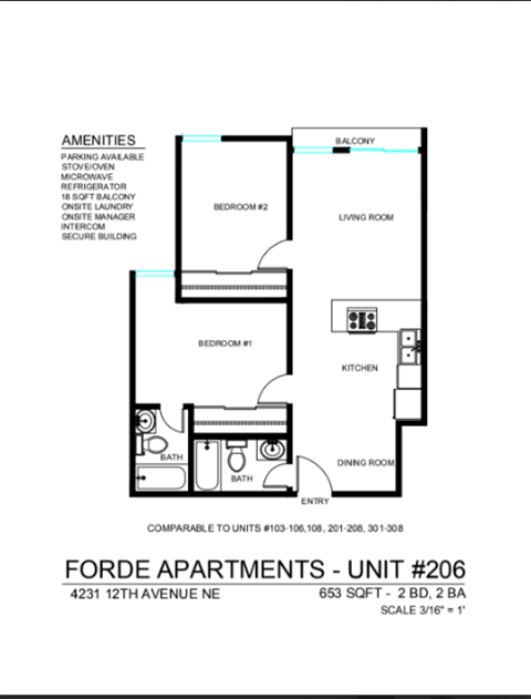 Floor plan for 2 beds, 2 baths, 767 sqft